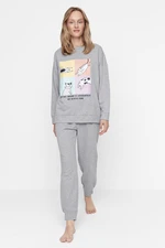 Trendyol Gray Cotton Printed Knitted Pajamas Set