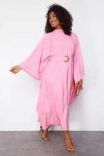 Trendyol Curve Pink Poncho Belted Long Chic Woven Plus Size Dress