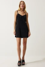 Happiness İstanbul Women's Black Strap Corduroy Mini Dress