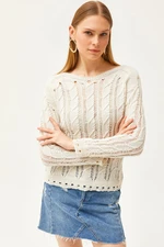 Olalook Women's Ecru Hair Knit Detail Seasonal Knitwear Blouse