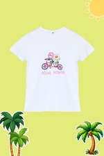 Trendyol White Girl's Floral Patterned Cotton Knitted T-Shirt