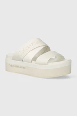 Pantofle Calvin Klein Jeans FLATFORM SANDAL WEBBING IN MR dámské, béžová barva, na platformě, YW0YW01361
