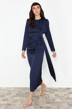 Trendyol Navy Blue Shawl Detailed Satin Evening Dress