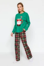 Trendyol Green 100% Cotton New Year Themed Tshirt-Pants Knitted Pajama Set