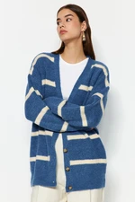 Trendyol Blue Wide Fit Soft Textured Striped Knitwear Cardigan