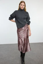 Trendyol Brown Leopard Patterned Satin Maxi Knit Skirt