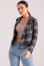 armonika Women's Indigo Double Breasted Collar Plaid Pattern Cachet Crop Jacket