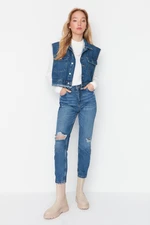 Trendyol Blue Ripped Detail High Waist Mom Jeans