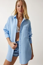 Happiness İstanbul Women's Sky Blue Pocket Oversize Muslin Shirt