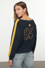 Trendyol Navy Blue Front and Back Printed Carmen Collar Piping Detailed Regular Fit Knitted Sweatshirt