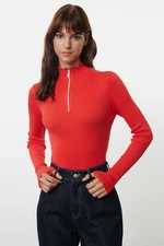 Trendyol Red Cotton Blend Zippered Stand Collar Thin Knit Sweater