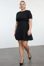 Trendyol Curve Black Short Sleeve Thin Padded Mini Draped Zippered A-Form Woven Dress