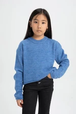 DEFACTO Girl's Blue Standard Fit Crew Neck Basic Plain Knitwear Sweater