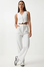 Happiness İstanbul Women's White Thin Striped Knitted Vest Trousers Set