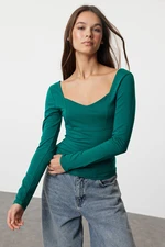 Trendyol Emerald Green Fitted Long Sleeve Sweetheart Neckline Cotton Stretch Knitted Blouse