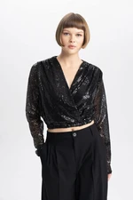 DEFACTO Crop Wrap Collar Sequined Long Sleeve Blouse