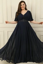 By Saygı Plus Size Long Chiffon Dress With A V-Neck Front Beaded Waist Draped and Lined Front Back