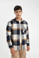 DEFACTO Men's Navy Blue Regular Fit Regular Cut Polo Collar Plaid Lumberjack Flannel Long Sleeve Shirt