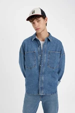 DEFACTO Men's Blue Oversize Fit Wide Cut Cotton Polo Collar Denim Jean Long Sleeve Basic Shirt