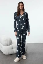 Trendyol Navy Blue 100% Cotton Star Patterned Piping Detailed Knitted Pajamas Set