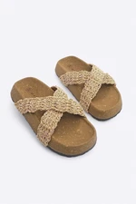 Marjin Women's Hand Knitted Mushroom Pattern Sole Cross Band Wicker Daily Slippers Parsey Natural Wicker