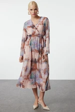 Trendyol Brown Abstract Pattern Belted A-Line Double Breasted Collar Lined Chiffon Maxi Woven Dress