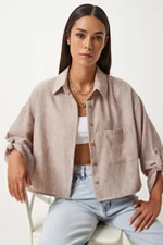 Happiness İstanbul Women's Beige Crop Linen Shirt