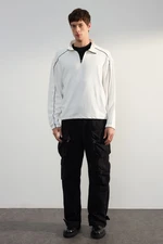 Trendyol White Oversize/Wide Cut Stand Collar Zippered Inside Polar Fleece Striped Sweatshirt