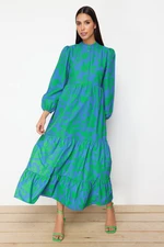 Trendyol Blue Patterned Half Placket Wide Fit Cotton Woven Dress