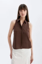 DEFACTO Regular Fit Shirt Collar Linen Blend Sleeveless Blouse