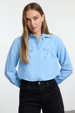 Trendyol Blue Crop Shirt with Bow Detail on the Pocket