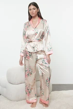 Trendyol Salmon-Multicolored Belted Floral Satin Woven Pajama Set