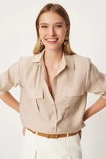 Happiness İstanbul Women's Beige Wide Pocket Tencel Shirt