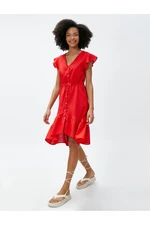 Koton V-Neck Dress Linen Blend Ruffle Buttoned Waist Tied