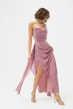 Lafaba Women's Pink Bust Draped Slit Silvery Evening Dress