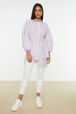 Trendyol Lilac Striped Belted Balloon Sleeves Back Long Woven Shirt