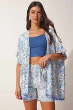 Happiness İstanbul Women's Light Blue Patterned Viscose Kimono Shorts Set