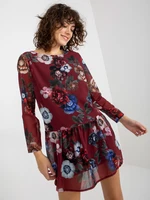 Women's floral mini dress with frills - burgundy