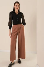 By Saygı Elastic Waist, Belted, Pocket Palazzo Trousers Green.