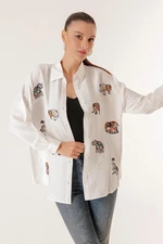 By Saygı Elephant Embroidery Oversize Crepe Linen Shirt