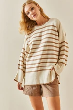 XHAN Beige Crew Neck Striped Oversized Sweater