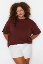 Trendyol Curve Brown Crew Neck Knitted T-shirt with a Print on the Back