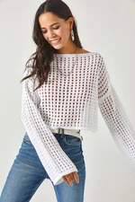 Olalook Women's White Spanish Sleeve Openwork Crop Sweater Blouse