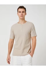 Koton Basic T-shirt With a Wide Collar Buttons, Slim Fit Short Sleeves