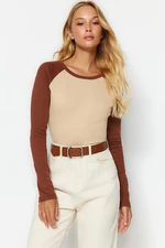 Trendyol Beige Raglan Sleeve Rib Fitted Crop Knitted T-Shirt