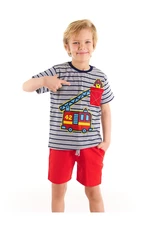 Denokids Firefighter Dog Boy Boy Gray Striped T-shirt Red Shorts Set