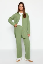 Trendyol Green Ribbed Cardigan-Pants Knitwear Two Piece Set