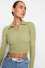 Trendyol Green Premium Textured Fabric Polo Neck Knitted Blouse with Fitted/Simple Crop