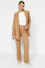 Trendyol Beige High Waist Straight/Straight Fit Ribbed Woven Trousers