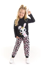 Denokids Sweet Rabbit Girl Child Black T-shirt, Heart Patterned Pants Suit
